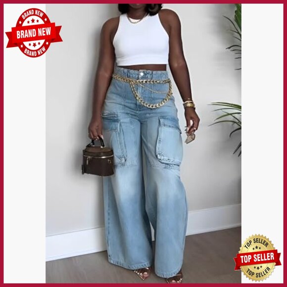 High Waist Wide Leg Jeans Distressed Raw Hem Y2K Baggy Boyfriend Denim - Picture 2 of 7